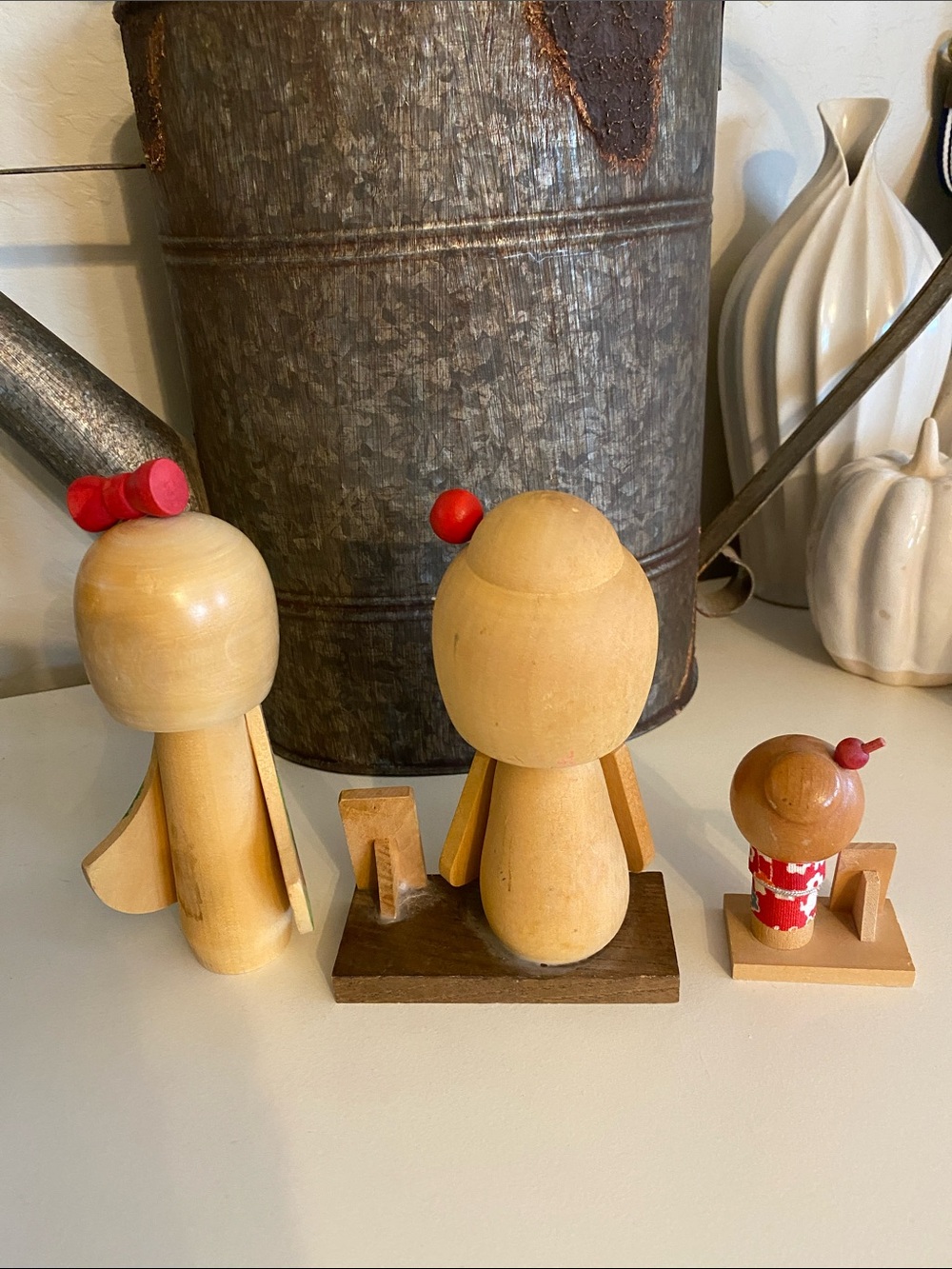 Hand-Painted Vintage Japanese Kokeshi Dolls - Natural Wood & Red Accents - Picture 5 of 7